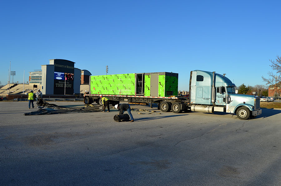 modular elevator on flatbed truck